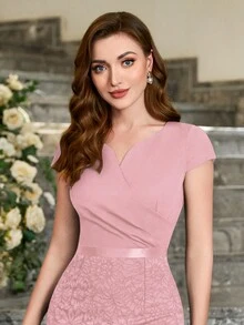 MIUSOL Đầm Bodycon cổ ren hoa dự tiệc cocktail - Màu Hồng baby - Xem 9