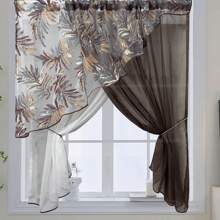 1 Piece Cross Translucent Curtains Coffee Print Leaves Triangular Kitchen Short Curtains, French Country Filter Tulle Curtains For Living Room Farmhouse  Office Home Decoration