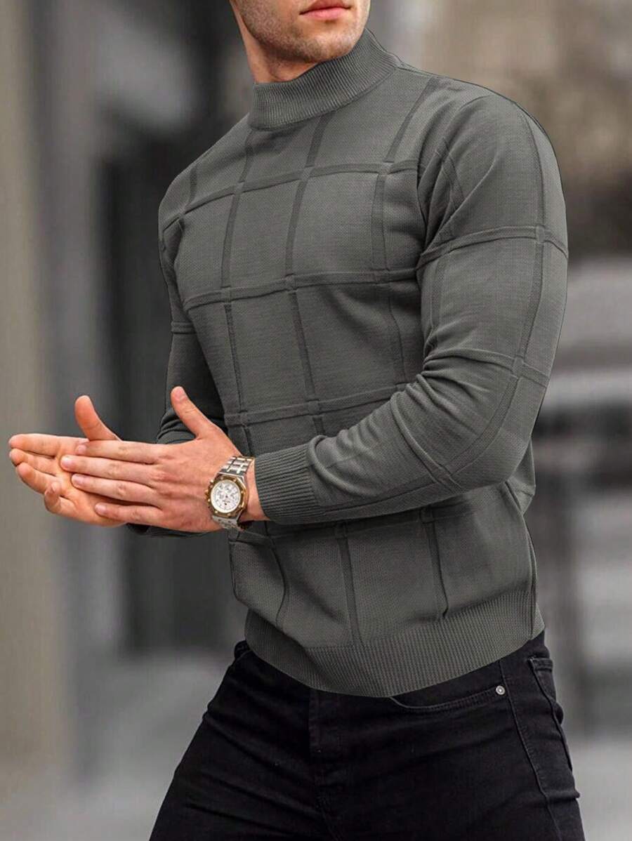 男士格子提花高领时尚毛衣