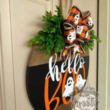 Halloween Willkommensdekorationen, Halloween Willkommensschild zum Aufhängen für die Haustür, Halloween Holztürhänger Kranz mit Schleife für Halloween Heim- und Außenbereich Wanddekoration ("Hallo Buh")