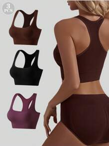 3 szt. Damski bezszwowy stanik sportowy w jednolitym kolorze, oddychający i wygodny do jogi, biegania, bielizny fitness, szybkoschnący podkoszulek