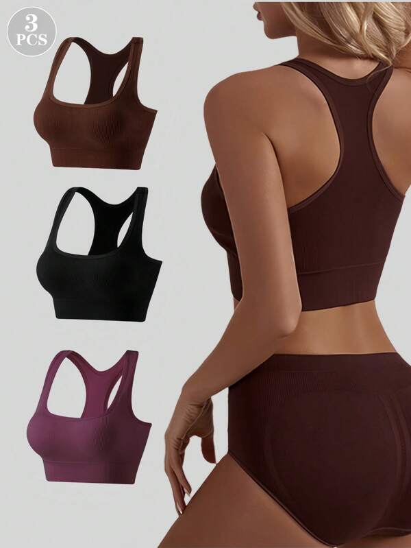 3 szt. Damski bezszwowy stanik sportowy w jednolitym kolorze, oddychający i wygodny do jogi, biegania, bielizny fitness, szybkoschnący podkoszulek