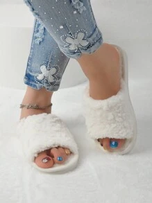 4 季女士露趾拖鞋，轻便情侣静音室内软底家居拖鞋 - 白色 - 查看 2