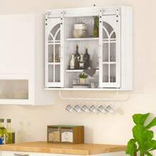 Rustic Wood Wall Storage Cabinet With Two Sliding Barn Door, 3-Tier Decorative Farmhouse Vintage Cabinet For Kitchen Dining, Bathroom, Living Room, Vintage White.Ckonson9
