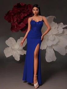 VIPGIRL Vestido formal de tubo con abertura lateral con lentejuelas de contraste, vestido de gala para baile de graduación, invitados de boda, cena