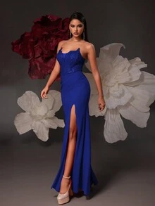 VIPGIRL Vestido formal de tubo con abertura lateral con lentejuelas de contraste, vestido de gala para baile de graduación, invitados de boda, cena