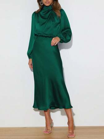 Vestido de noche elegante asimétrico con cuello alto plisado de satén, vestido de dama de honor para fiesta de cóctel, vestido de graduación de manga larga semiformal para cumpleaños, boda, cena, baile de graduación