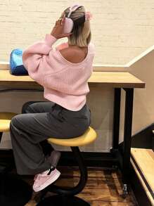 春秋新款V领前扭扣长袖针织开衫女短款宽松保暖舒适粉色灯笼袖情人节毛衣外套上衣 - 粉色 - 查看 6