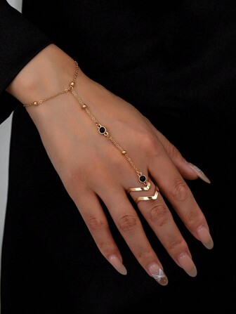 1pc Fashion Minimalist Beaded Chain Knuckle Ring, Adjustable Size, Daily Accessory For Women