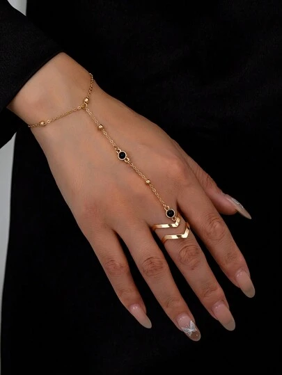 1 pieza Anillo de nudillo de cadena de cuentas minimalista de moda, tamaño ajustable, accesorio diario para mujeres