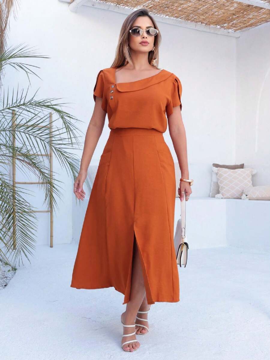 Skirt And Blouse Set In Twill Viscose Short-Sleeved Blouse With Boat Neckline Midi Skirt A-Line Model With Pockets And Front Slit - 亮橙色 - 查看 1