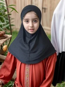 1 件阿拉伯风格头巾马来头巾，带帽檐的纯色底层帽，1 件儿童黑色头巾头巾面纱，链式装饰头巾，女孩弹性头带，马来印度尼西亚 - 黑色 - 查看 3