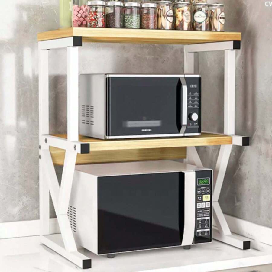 2-Tier Microwave Oven Rack, Kitchen Counter Organizer Shelf Stand, 3-Tier Pot Pan Grill Storage Racks, 55lbs Weight Capacity - White-3 Tier - View 1
