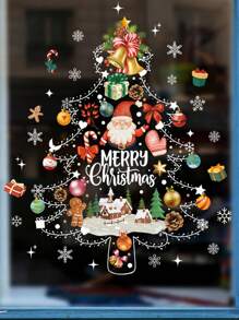 圣诞节窗贴、圣诞老人、雪人、树、房子和彩灯贴纸 | 可重复使用的防静电 PVC 玻璃和冰箱贴花 | 艺术装饰卡通风格 | 半光泽饰面 - 家庭办公室派对装饰用品，圣诞节 - 彩色 - 查看 1