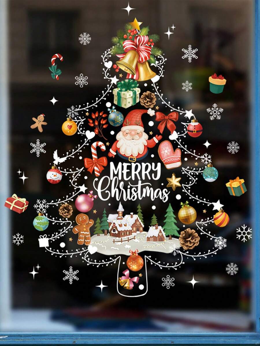 圣诞节窗贴、圣诞老人、雪人、树、房子和彩灯贴纸 | 可重复使用的防静电 PVC 玻璃和冰箱贴花 | 艺术装饰卡通风格 | 半光泽饰面 - 家庭办公室派对装饰用品，圣诞节 - 彩色 - 查看 1