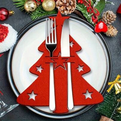 24 件节日圣诞树餐具架 - 一套 12 个毛毡叉勺和勺子袋，适合节日餐桌装饰，非常适合圣诞节和复活节礼物