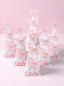 6pcs Pink Butterfly Style Triangle Gift Box, Pink Butterfly Theme Birthday Wedding Party Gift Packaging Supplies Gift Box,