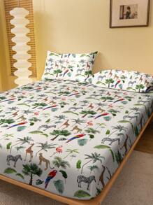 1 tấm ga trải giường in hình cây xanh, hoa, động vật, vải nỉ vừa vặn, chăn trải giường in hình phòng ngủ, bộ đồ giường (không bao gồm vỏ gối) - Nhiều màu - Xem 3