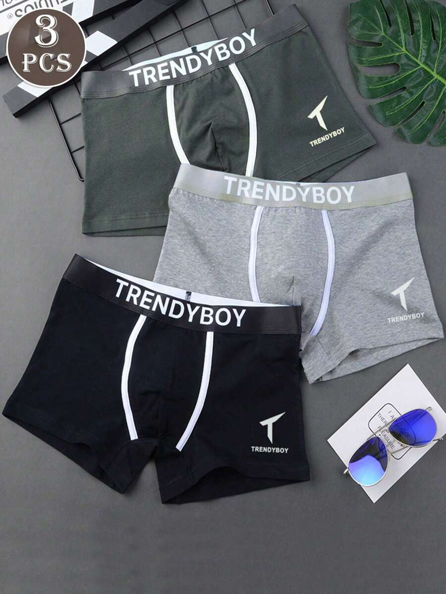 3pcs Men's Letter Printed Boxer Briefs, Absorbs Sweat - Multicolor - View 1