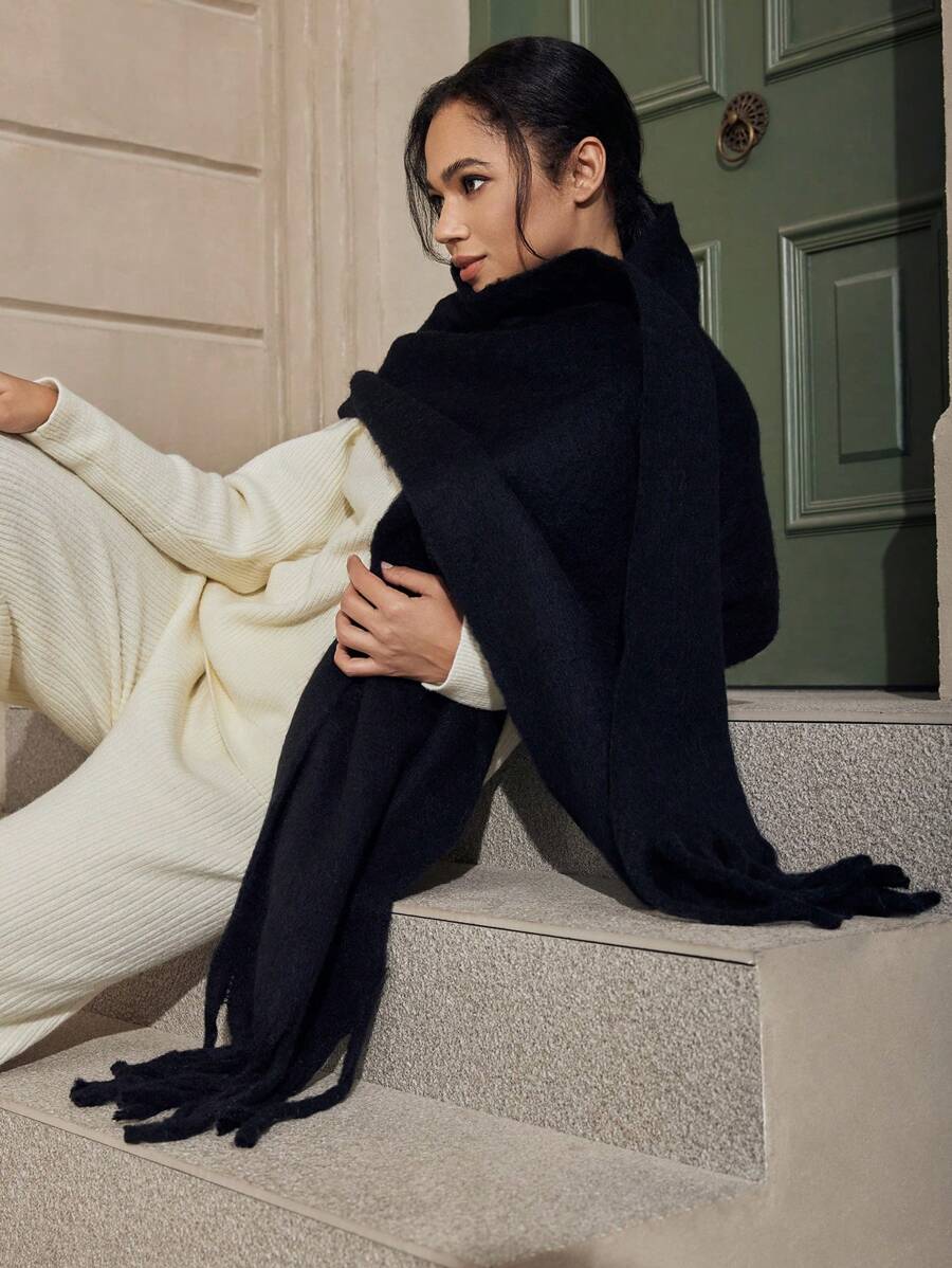 1 件女士加厚长款仿羊绒圆形针织围巾带流苏，纯色，温暖，时尚，柔软，舒适，适合旅行和日常使用，秋冬季 - 紫色 - 查看 1