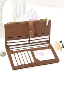 MINGYOU Long Wallet PU Vintage Texture Fashion Color Block Snap Closure Women's Large Capacity Multi-Card Slots Multi-Function Card Holder ID Case, Young Zipper Coin Purse Small Compact Convenient Carry, Suitable For Holiday Gift - Brown - View 5