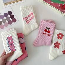 5 đôi tất họa tiết hoa trái tim màu hồng dễ thương, tất ống giữa thoải mái và thoáng khí, tất nữ - Mùa thu và đông - Nhiều màu - Xem 5