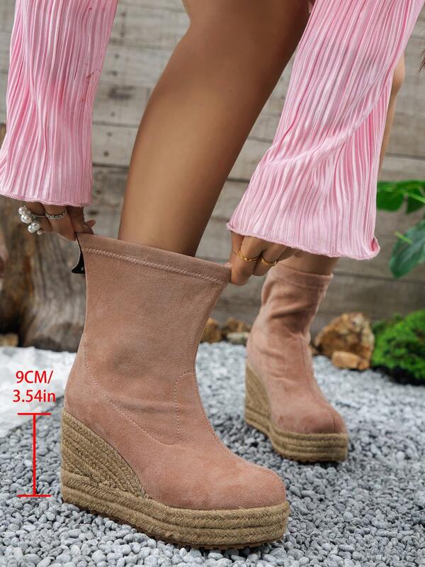 Damen Mode One-Push Einfarbige Elastic Knöchelstiefeletten mit verdecktem Keilabsatz