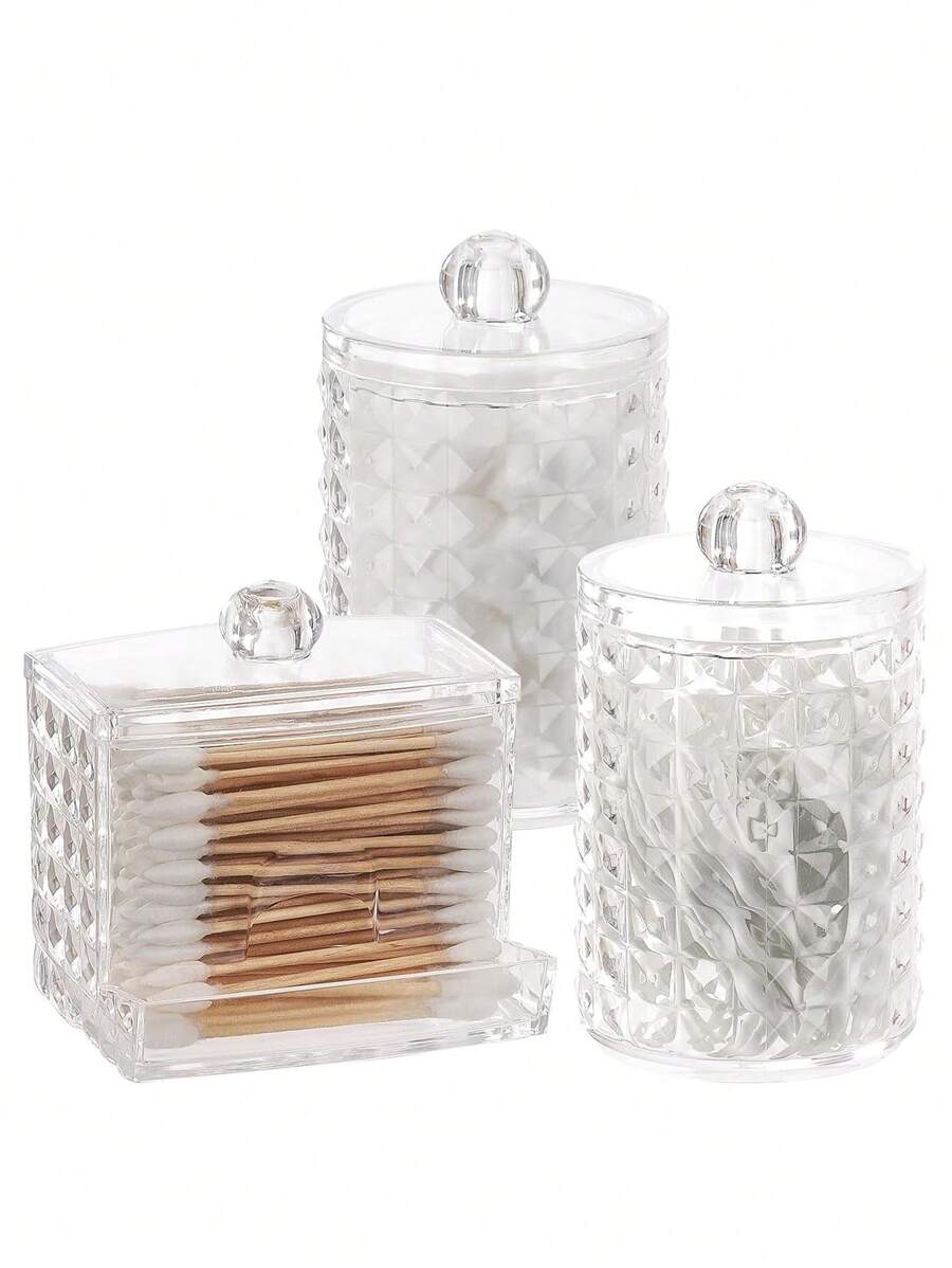 3 包 Qtips 浴室收纳盒，10/7 盎司圆形化妆棉/棉签/牙线棒分配器，适用于浴室收纳化妆品，适用于假日海滩、浴室收纳、卧室收纳，大容量 - 無色 - 查看 1