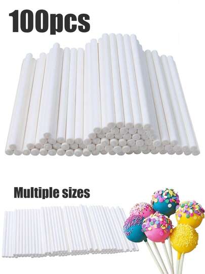 100 件 DIY 白色棒棒糖棒、一次性纸质蛋糕棒、各种尺寸巧克力棒，适用于蛋糕、棒棒糖、硬糖、吸盘、巧克力色及家庭厨房用品配件