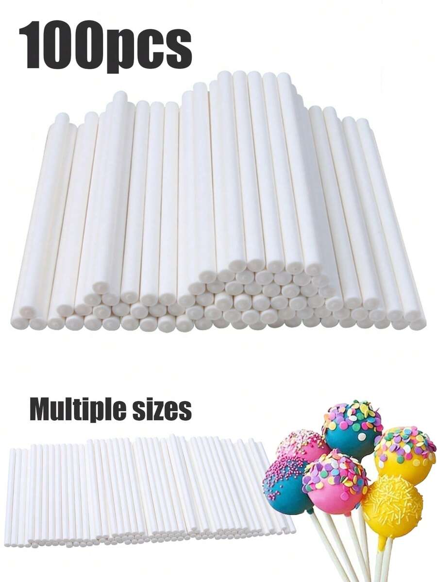 100 件 DIY 白色棒棒糖棒、一次性纸质蛋糕棒、各种尺寸巧克力棒，适用于蛋糕、棒棒糖、硬糖、吸盘、巧克力色及家庭厨房用品配件 - 白色 - 查看 1