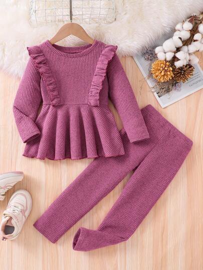 2 piezas Conjunto de parte superior de manga larga con volantes de punto acanalado de unicolor y pantalones para niña joven, otoño/invierno