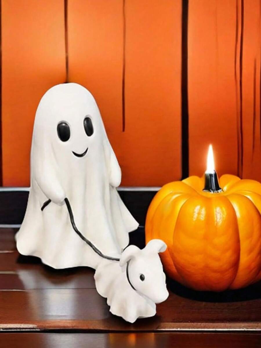 1 件万圣节幽灵遛狗雕像，可爱幽灵遛狗装饰，万圣节家居桌面装饰，节日氛围装饰 - 白色 - 查看 1
