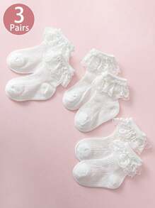 3 双女童蕾丝网眼透气荷叶边袜子适合日常穿着或派对,春夏季 - 白色 - 查看 8