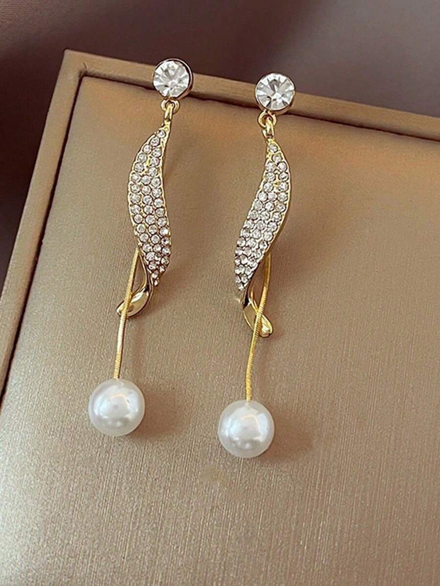 topshiny1PairKoreanStylePearl&RhinestoneTasseledLongEarrings,Versatile&ElegantJewelryGiftForWomen