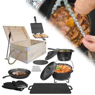 VA-Cerulean Dutch Oven 12-Piece Set In Wooden Box With Dutch Oven Many Accessories Cast Iron, Already Seasoned - Incl. Grill Plate, Cooking Pot, Saucepan, Pan, Lid Lifter, Gloves, Coaster