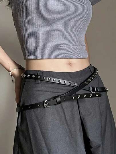 1 件女式超长双层休闲朋克复古金属扣铆钉腰带，西部牛仔风格细皮带，适合日常或派对穿着万圣节夏季、学校秋季、秋季、万圣节