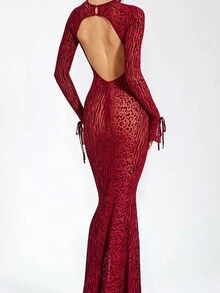 Animal Print Backless Flare Sleeve Fishtail Dress, Sexy - Red - View 2