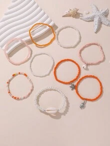 9 piezas Set de pulseras para niñas con cuentas de perlas, conchas y cuentas de semillas - 9 piezas - Ver 4