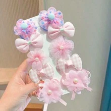 多件装粉色花朵发圈，布艺蝴蝶结发绳，甜美女孩发饰，可爱弹力发带，日常发饰 - 粉色 - 查看 1