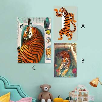 1 pieza/Set de 3 piezas Arte en lienzo de Tigre durmiente creativo, "Tigre tomando un baño" Decoración creativa para sala de estar, dormitorio, oficina, decoración de pared, regalo perfecto para ocasiones especiales, SIN marco/Enmarcado