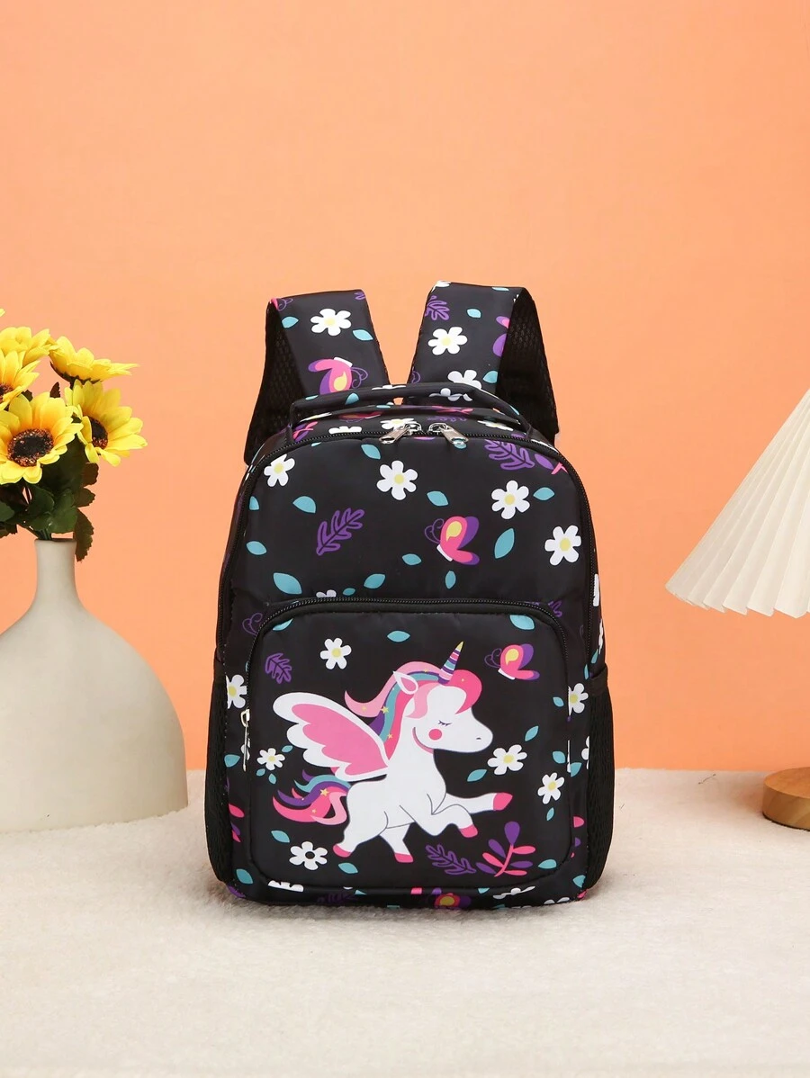1pc Fashionable Cute Cartoon Unicorn & Butterfly Print Backpack, Random Print Placement - Black - View 1
