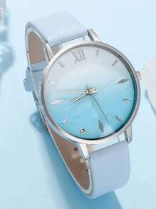 6pcs/Set, Women's Watch, Fashionable Women's Minimalist Watch, Blue Rhinestone Quartz Watch, Leather Strap, Women's Bracelet Watch Set Gift, Necklace, Ring, Earring, Bracelet, Suitable For Daily Wear, Gift