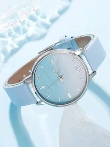 6pcs/Set, Women's Watch, Fashionable Women's Minimalist Watch, Blue Rhinestone Quartz Watch, Leather Strap, Women's Bracelet Watch Set Gift, Necklace, Ring, Earring, Bracelet, Suitable For Daily Wear, Gift