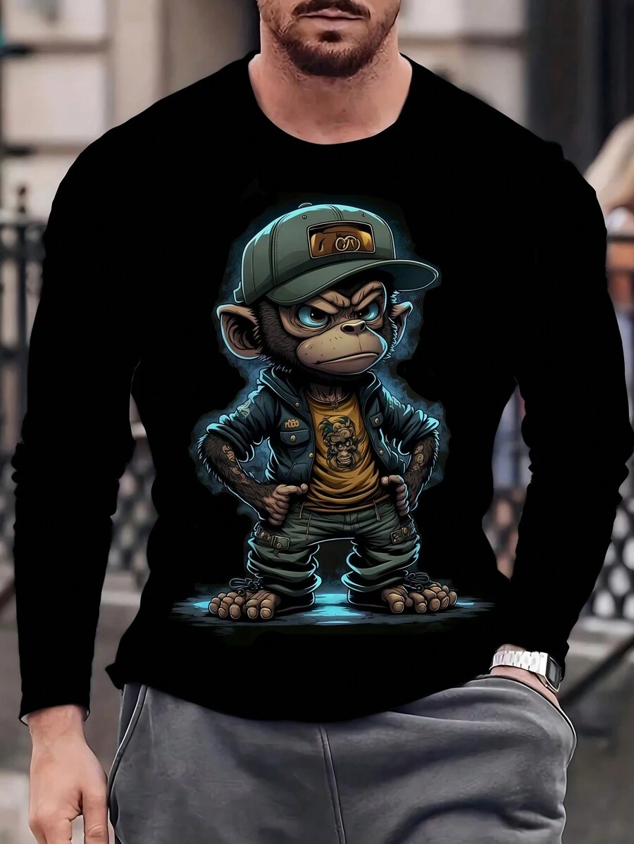 Men's Plus Size Cartoon Monkey Printed Long Sleeve Shirt - Black - View 1