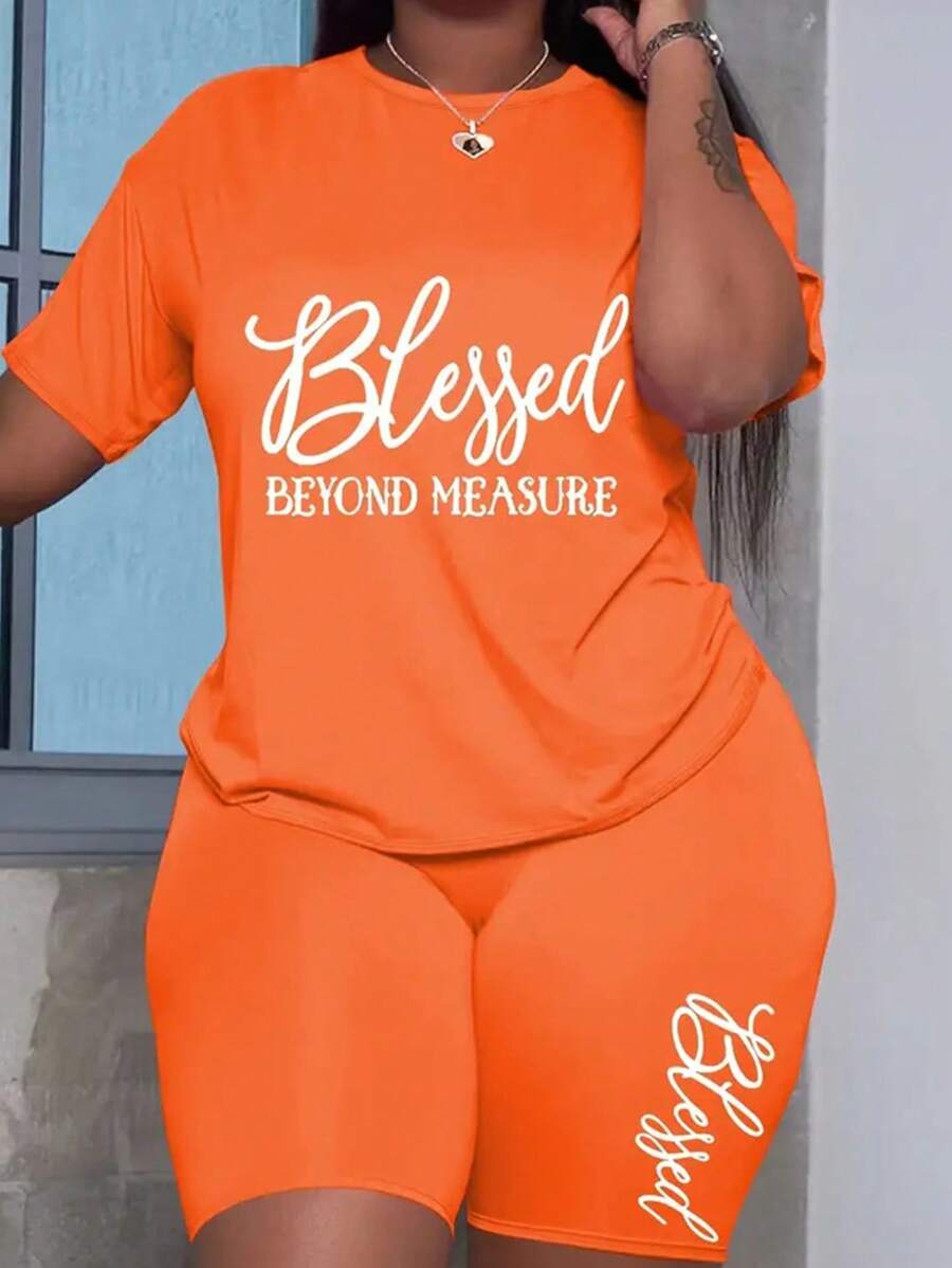 Plus Size Letter Print Two Piece Set, Round Neck Short Sleeve Top And Shorts Clothing, Women's Plus Size Clothing - 橘色 - 查看 1