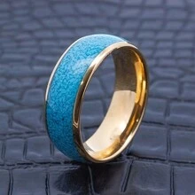 Fashionable And Luxurious Men's And Women's 8mm Golden Stainless Steel Wedding Engagement Ring, Imitation Turquoise Inlaid Ring, Dome Ring, Best Holiday Gift Ring Jewelry
