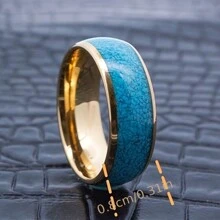 Fashionable And Luxurious Men's And Women's 8mm Golden Stainless Steel Wedding Engagement Ring, Imitation Turquoise Inlaid Ring, Dome Ring, Best Holiday Gift Ring Jewelry