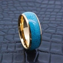 Fashionable And Luxurious Men's And Women's 8mm Golden Stainless Steel Wedding Engagement Ring, Imitation Turquoise Inlaid Ring, Dome Ring, Best Holiday Gift Ring Jewelry