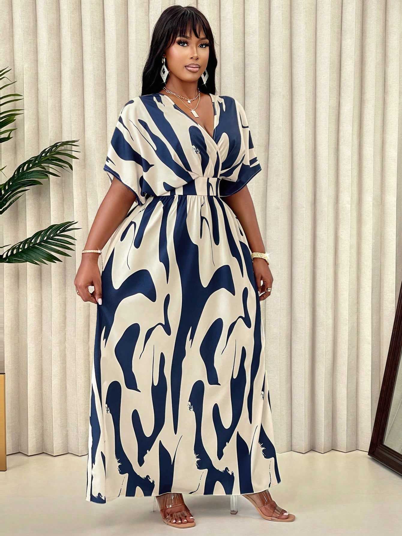 فستان كاجوال بياقة على شكل حرف V للنساء ذوات الأحج...