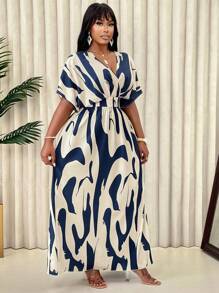 Plus Size Women Casual V-Neck Floral Print Dress (Floral Pattern Random), Summer - Blue - View 4